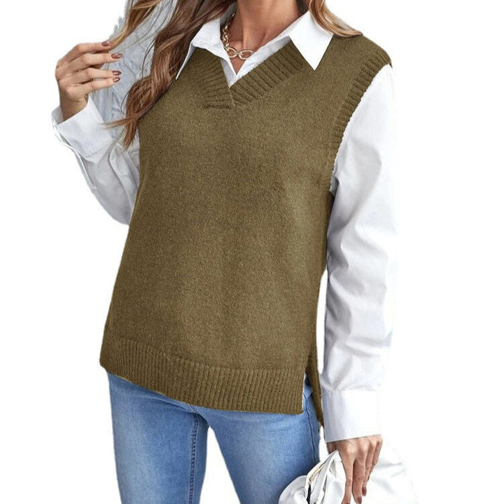 Taryn | Women's V-Neck Sleeveless Sweater Vest - Khaki - Image 1
