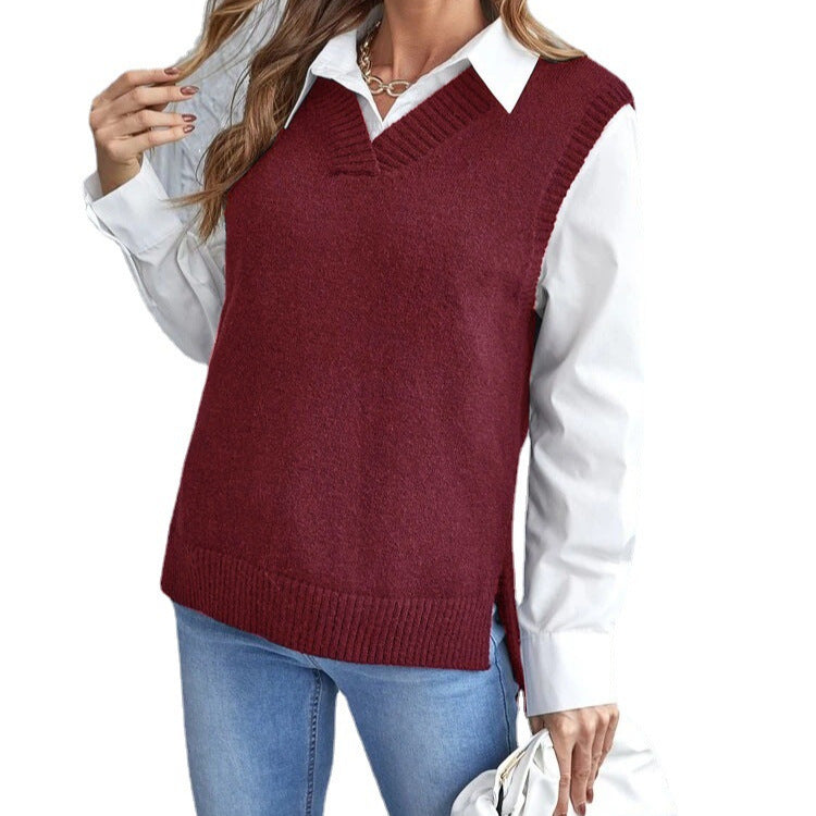 Taryn | Women's V-Neck Sleeveless Sweater Vest - Khaki - Image 2