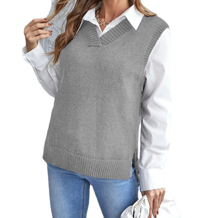 Taryn | Women's V-Neck Sleeveless Sweater Vest - Khaki - Image 3