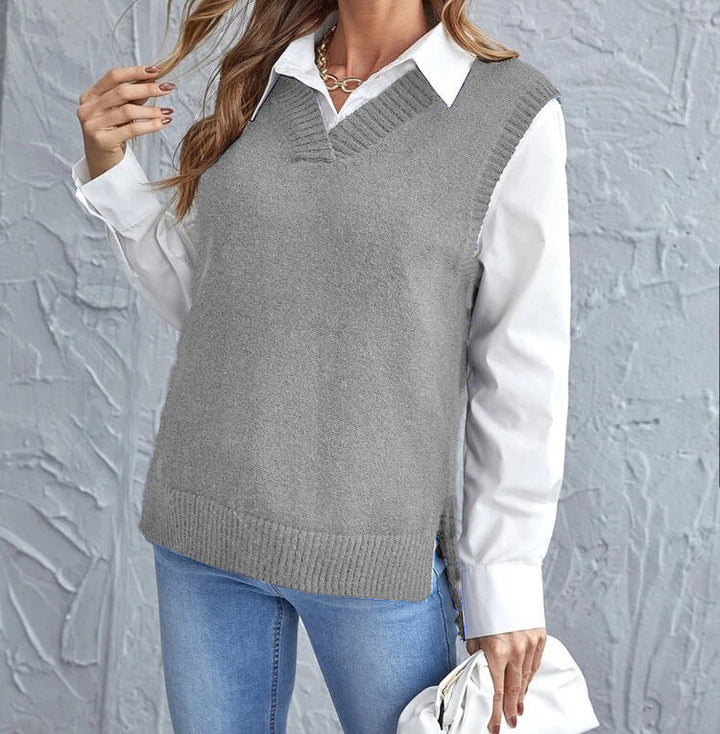 Taryn | Women's V-Neck Sleeveless Sweater Vest - Khaki - Image 6