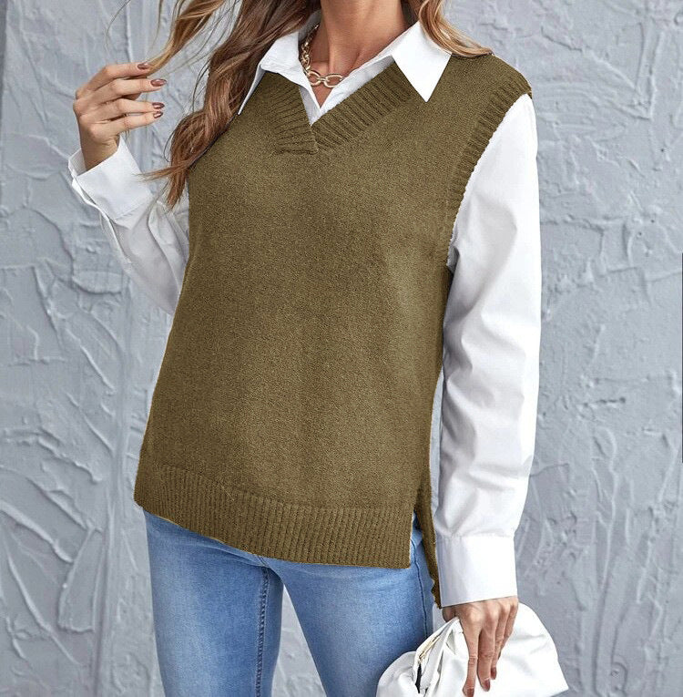 Taryn | Women's V-Neck Sleeveless Sweater Vest - Khaki - Image 8