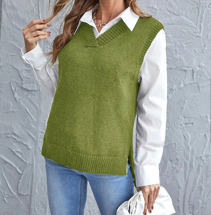 Taryn | Women's V-Neck Sleeveless Sweater Vest - Khaki - Image 9