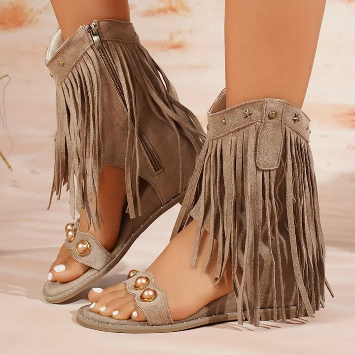 Tatiana | Women's Fringe Ankle Strap Sandals - Black - Image 7