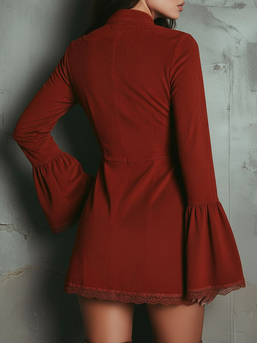 Tavindra | Women's Embroidered Mini Dress Bell Sleeve - Burgundy - Image 3