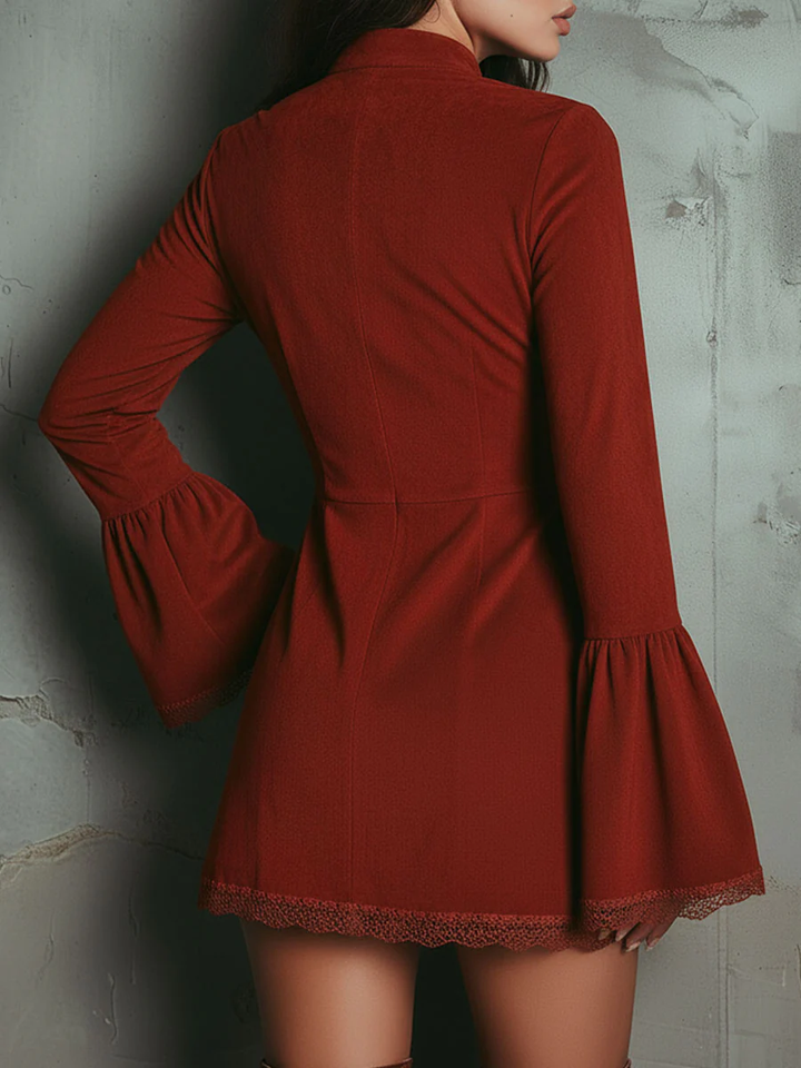 Tavindra | Women's Embroidered Mini Dress Bell Sleeve - Burgundy - Image 3