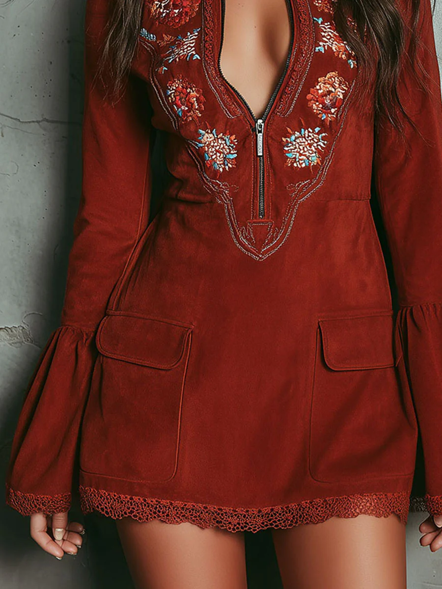 Tavindra | Women's Embroidered Mini Dress Bell Sleeve - Burgundy - Image 7