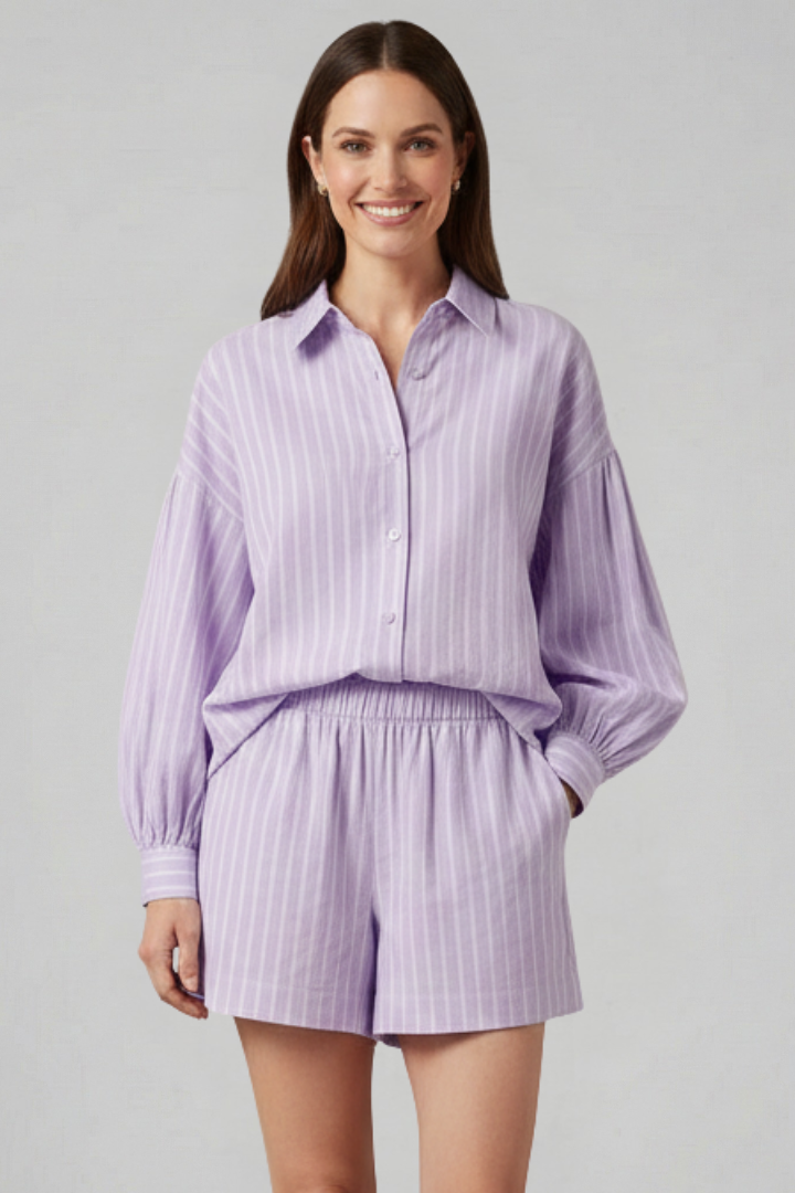 Telvaire | Women's Two Piece Set Button Shirt & Shorts - Lilac - Image 1