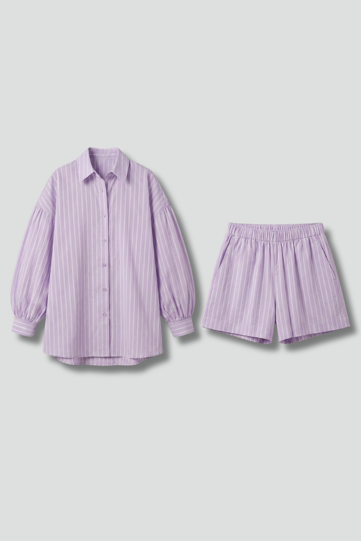 Telvaire | Women's Two Piece Set Button Shirt & Shorts - Lilac - Image 2