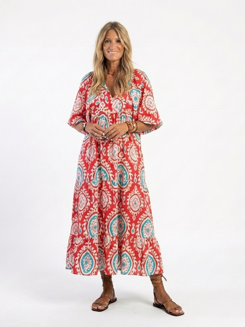 Telvanne | Women's Boho Print Midi Dress - Red - Image 1