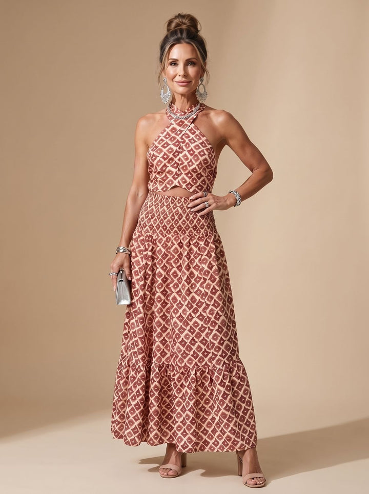 Telvara | Women's Geometric Print Halter Cutout Midi Dress - Image 1