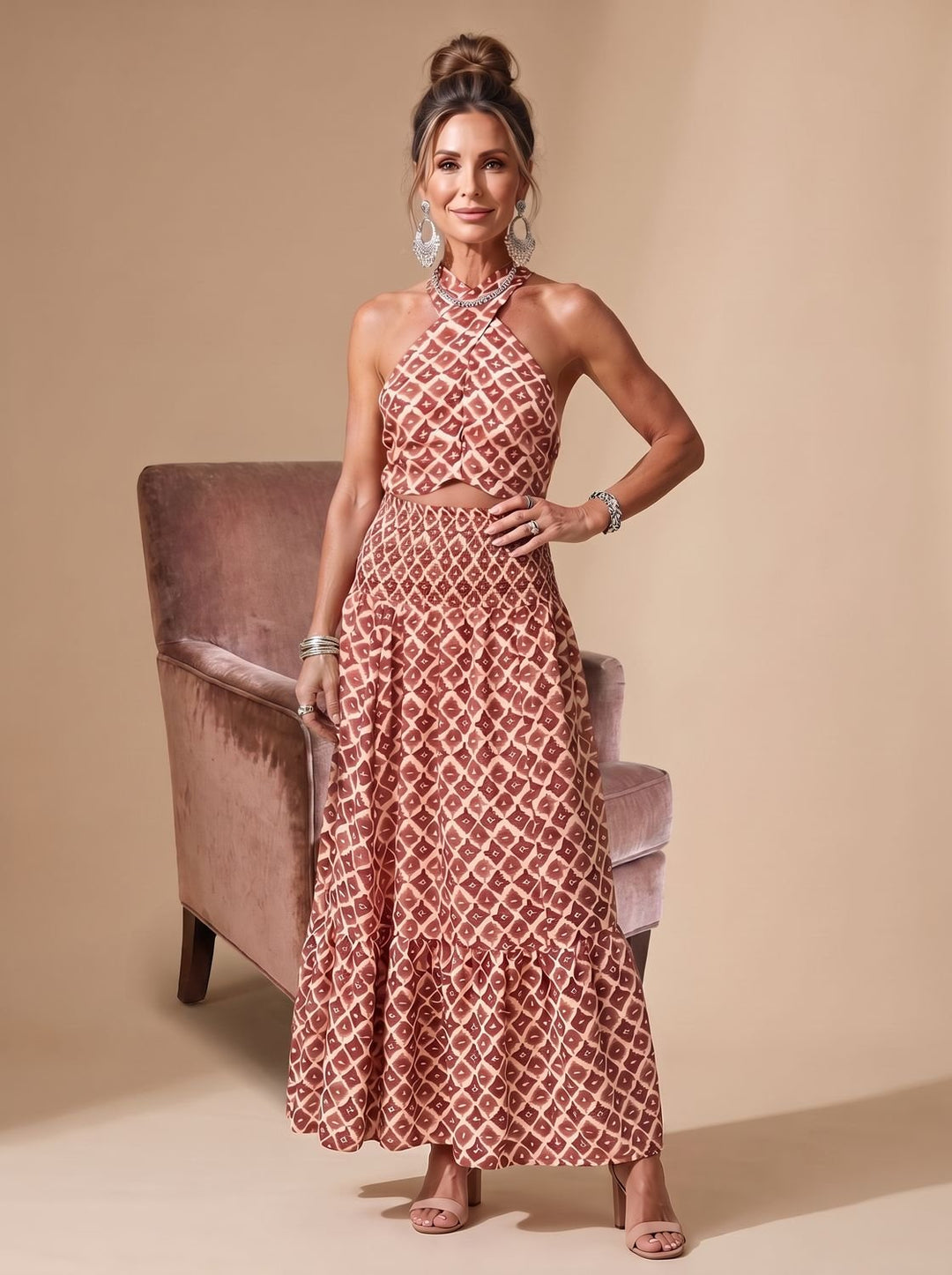 Telvara | Women's Geometric Print Halter Cutout Midi Dress - Image 5