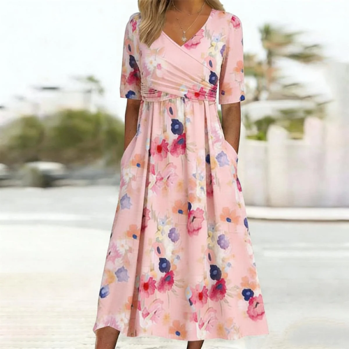 Telvenna | Women's Floral Midi Dress Wrap Front - Pink - Image 1