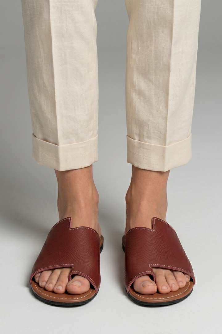 Telvorn | Women's Leather Slide Sandals Open Toe - Burgundy - Image 1