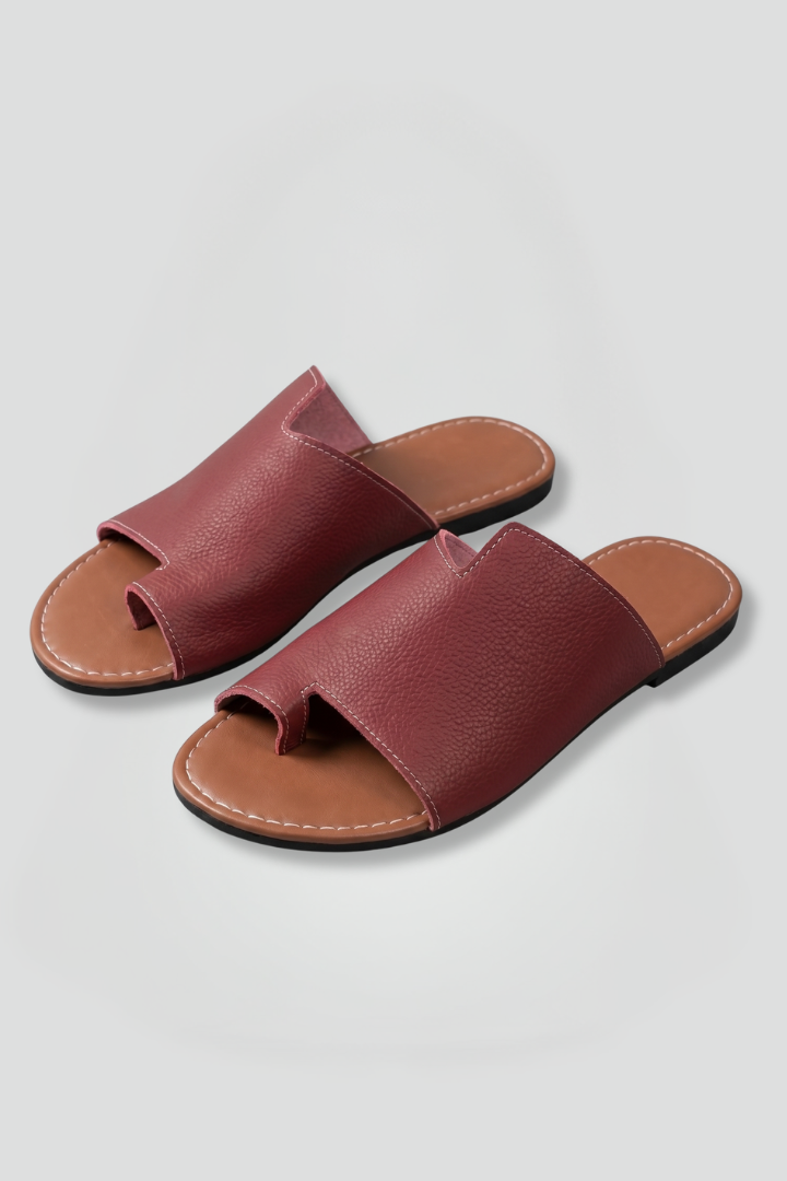 Telvorn | Women's Leather Slide Sandals Open Toe - Burgundy - Image 2