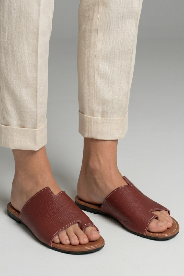 Telvorn | Women's Leather Slide Sandals Open Toe - Burgundy - Image 4