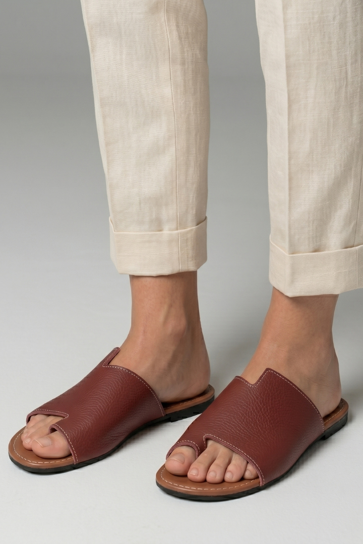 Telvorn | Women's Leather Slide Sandals Open Toe - Burgundy - Image 6