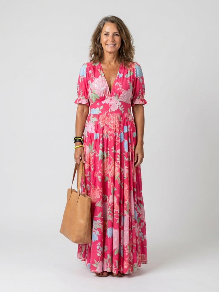 Temperance | Women's Floral V-Neck Midi Dress - Pink - Image 1