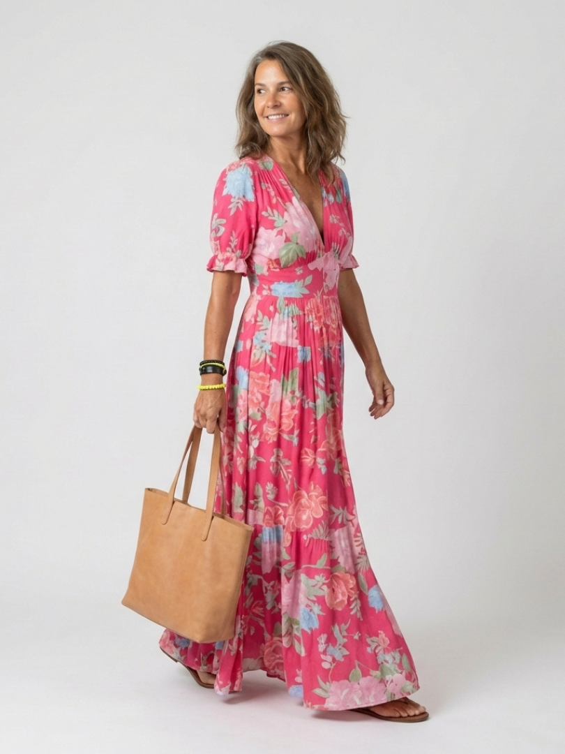 Temperance | Women's Floral V-Neck Midi Dress - Pink - Image 2