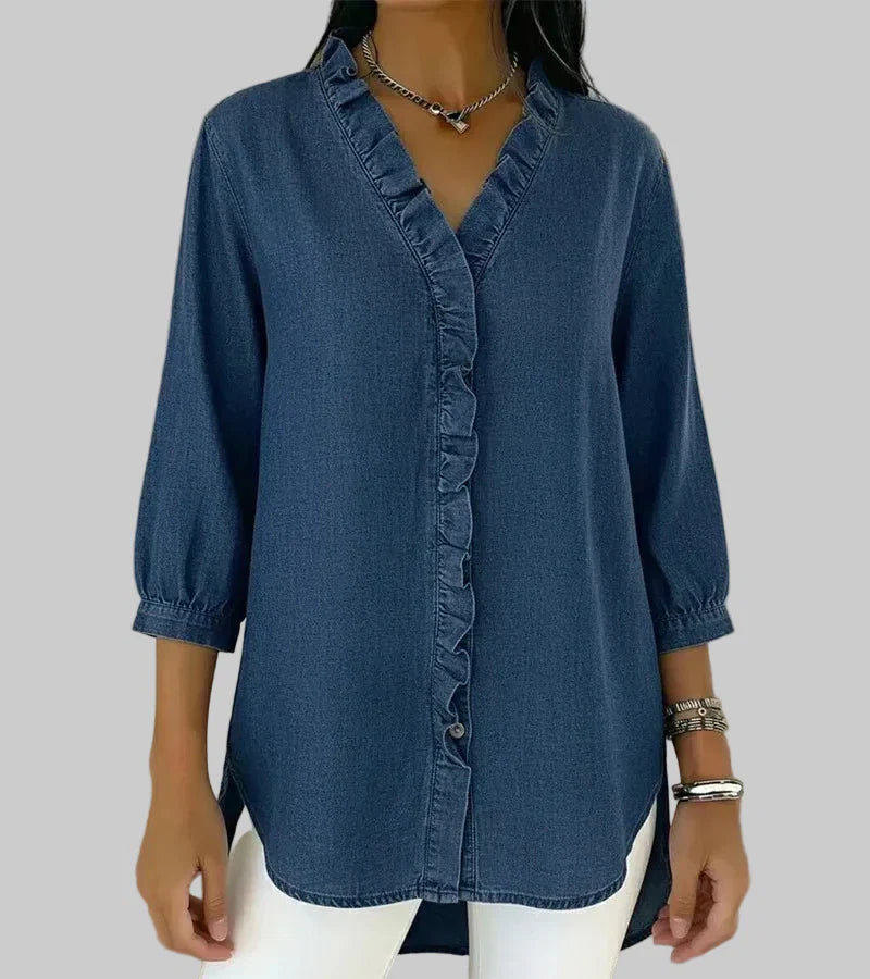 Tessa | Women's V-Neck Ruffle Blouse - Blue - Image 1