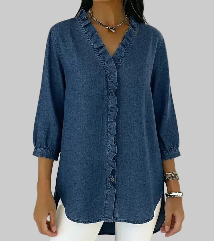 Tessa | Women's V-Neck Ruffle Blouse - Blue - Image 1