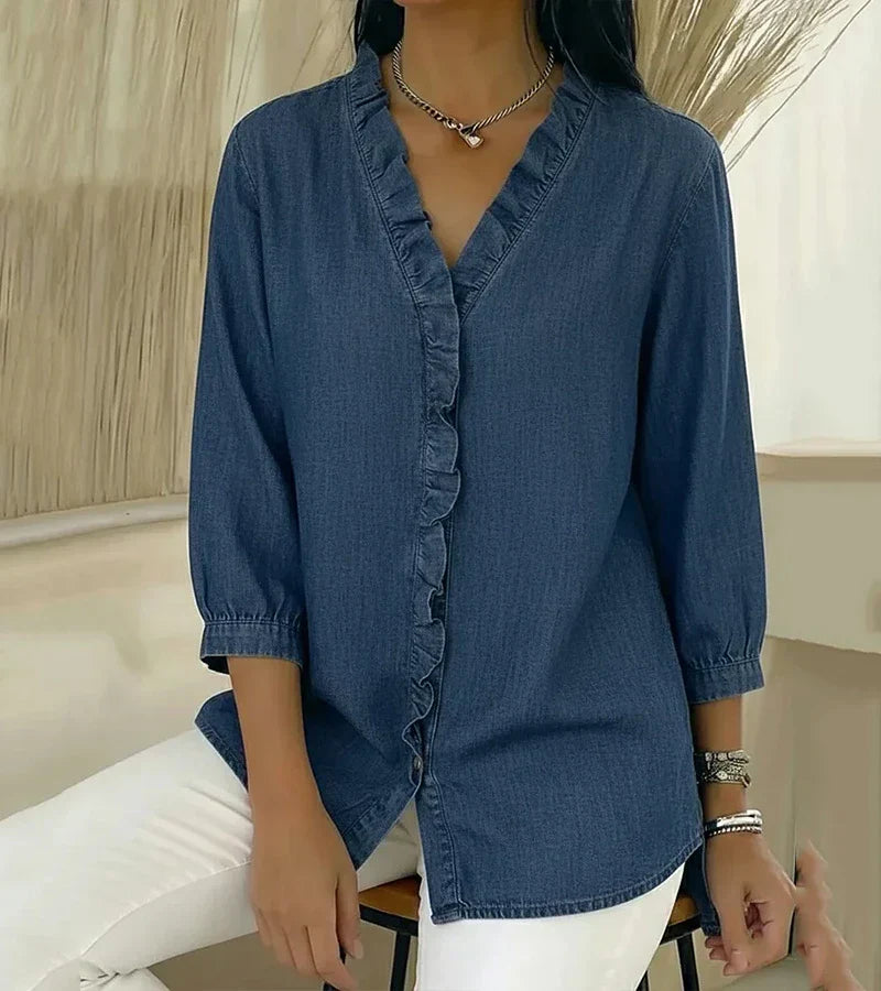 Tessa | Women's V-Neck Ruffle Blouse - Blue - Image 3