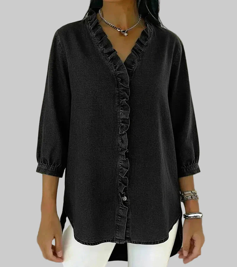 Tessa | Women's V-Neck Ruffle Blouse - Blue - Image 5