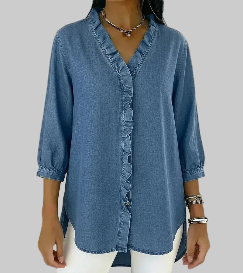 Tessa | Women's V-Neck Ruffle Blouse - Blue - Image 6