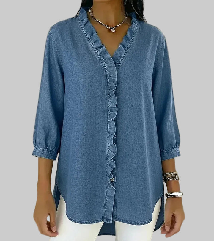 Tessa | Women's V-Neck Ruffle Blouse - Blue - Image 6