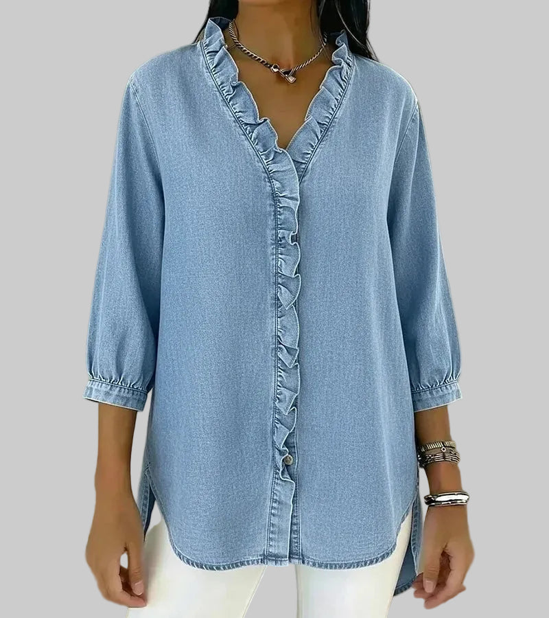 Tessa | Women's V-Neck Ruffle Blouse - Blue - Image 9