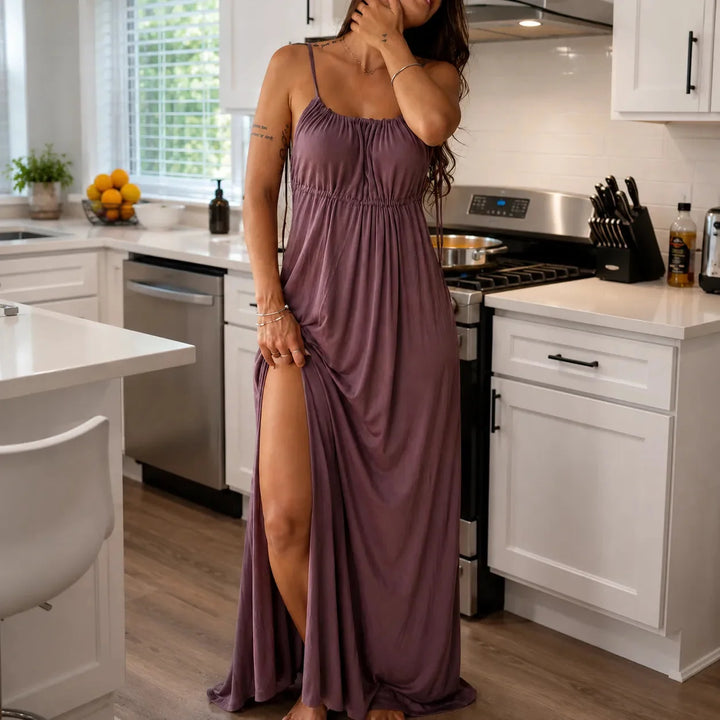 Thalara | Women's Backless Tie Maxi Dress with Split - Purple - Image 11