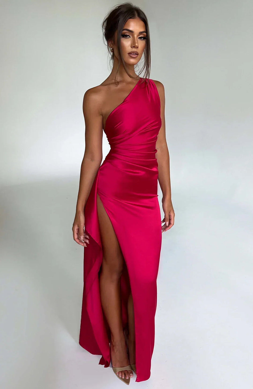 Thalia | Women's One Shoulder Slit Maxi Dress - Red - Image 1