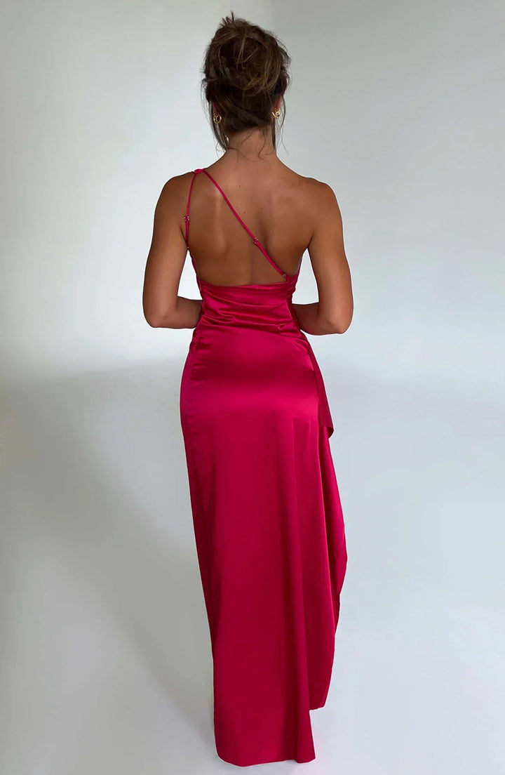 Thalia | Women's One Shoulder Slit Maxi Dress - Red - Image 2