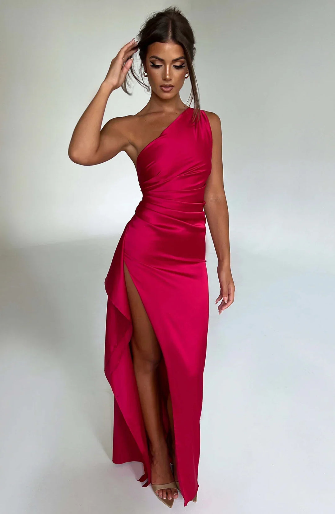 Thalia | Women's One Shoulder Slit Maxi Dress - Red - Image 3