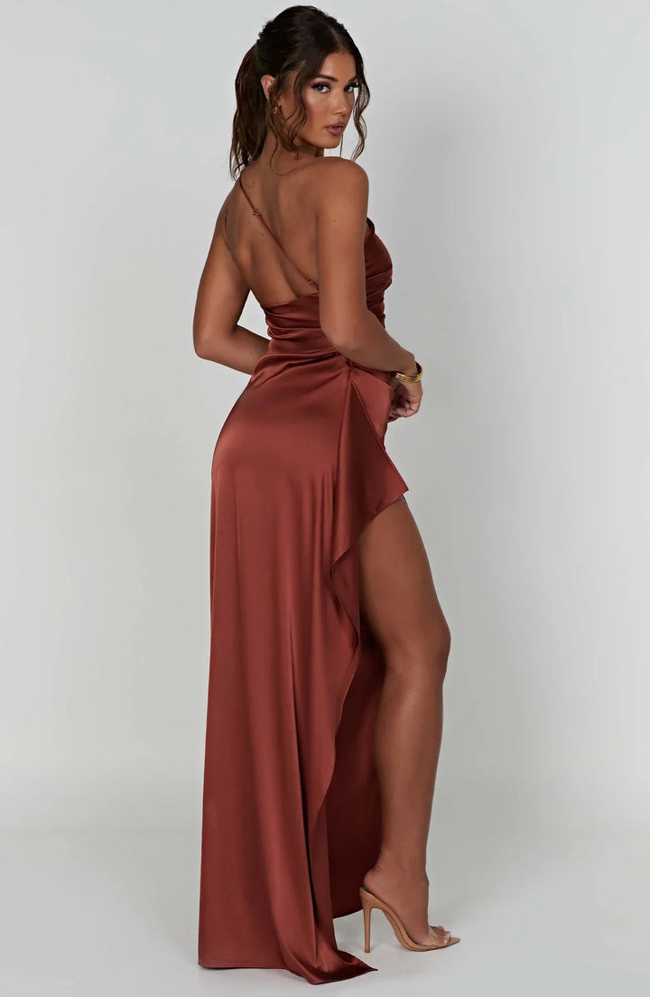 Thalia | Women's One Shoulder Slit Maxi Dress - Red - Image 42