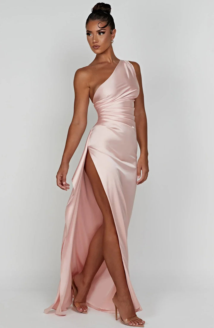 Thalia | Women's One Shoulder Slit Maxi Dress - Red - Image 9