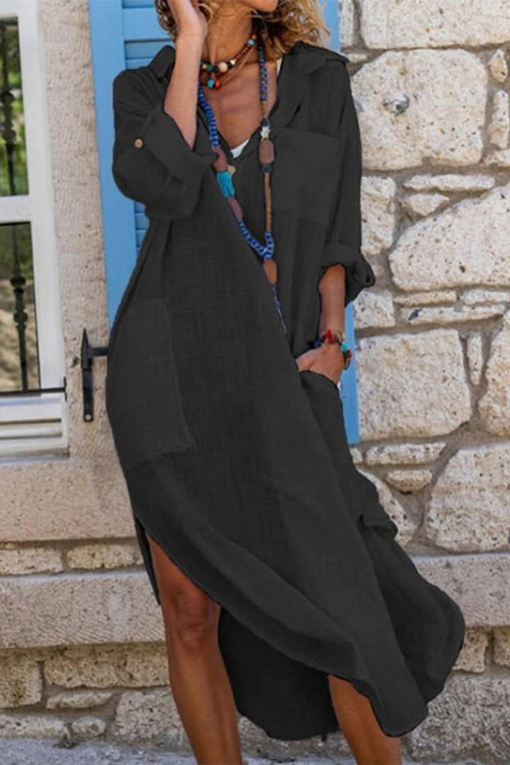 Thalia | Women's Oversized Collared Midi Shirt Dress - Black - Image 1