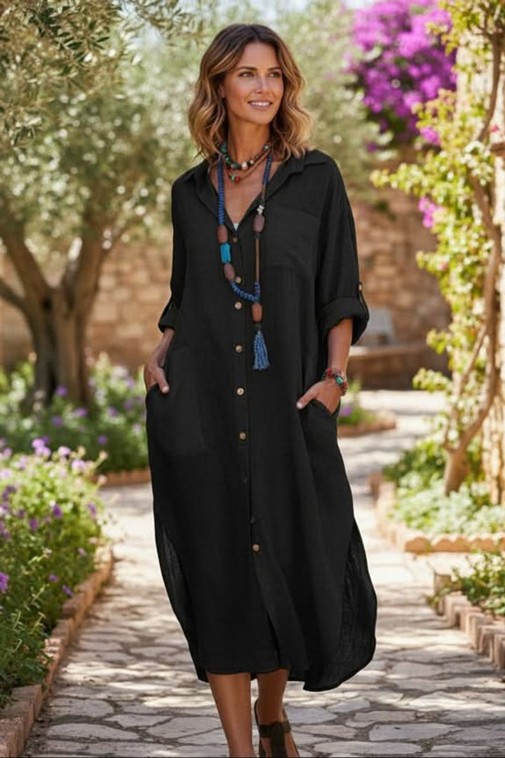 Thalia | Women's Oversized Collared Midi Shirt Dress - Black - Image 2