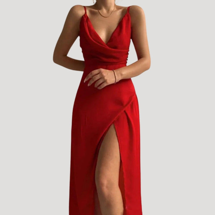 Thalindra | Women's Wedding Guest Maxi Dress with Slit - Red - Image 1