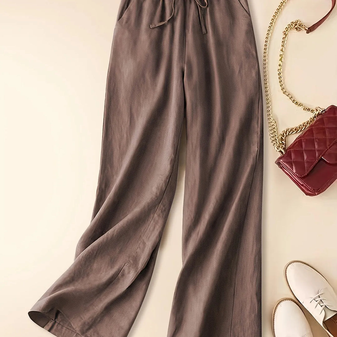 Thalveen | Women's Wide Leg Drawstring Pants - Taupe - Image 1