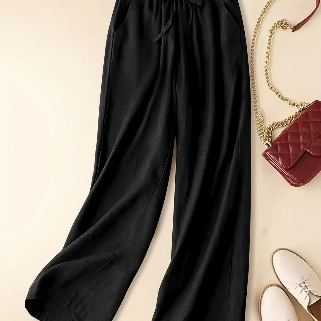 Thalveen | Women's Wide Leg Drawstring Pants - Taupe - Image 2