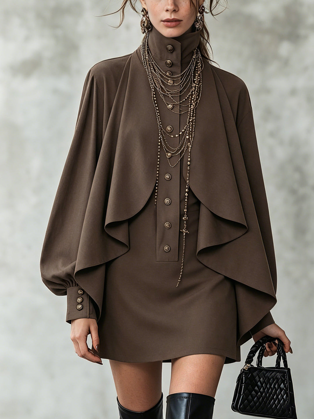 Thalverne | Women's Cape Mini Dress High Neck - Dark Brown - Image 1