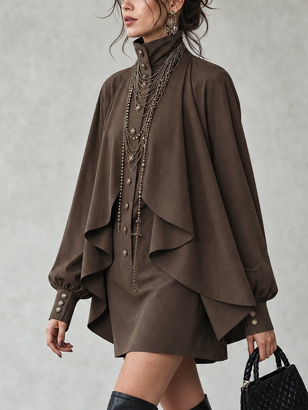 Thalverne | Women's Cape Mini Dress High Neck - Dark Brown - Image 2