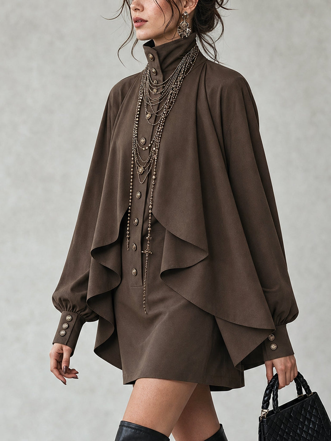 Thalverne | Women's Cape Mini Dress High Neck - Dark Brown - Image 2