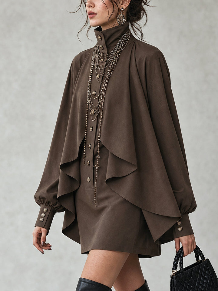 Thalverne | Women's Cape Mini Dress High Neck - Dark Brown - Image 2