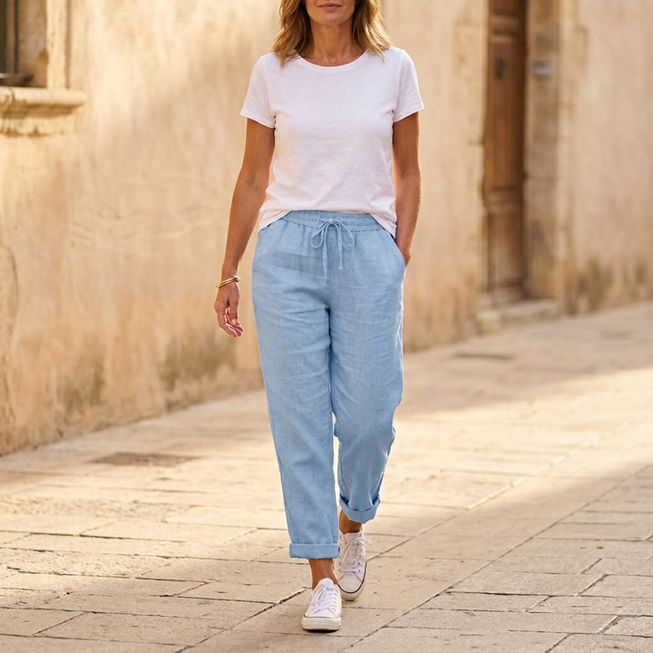 Thalvine | Women's Relaxed Drawstring Summer Pants - Light Blue - Image 1