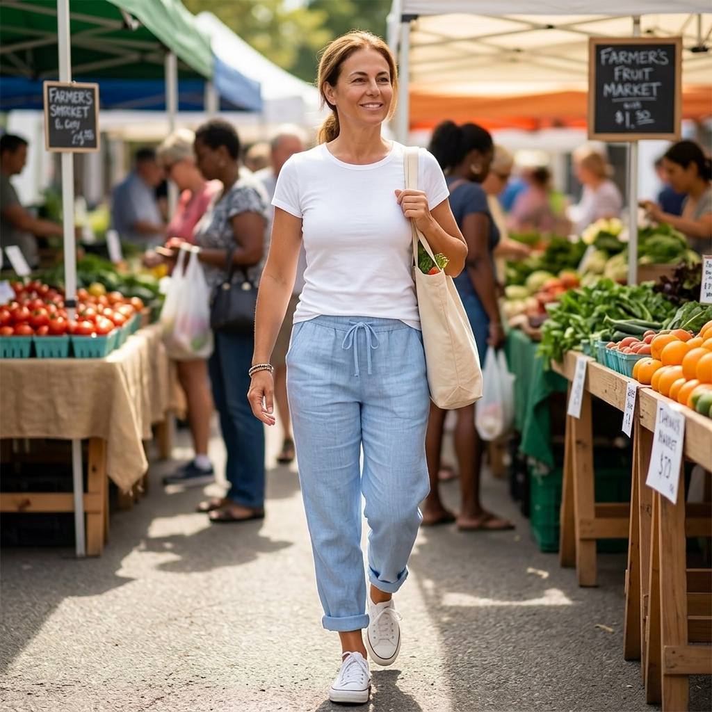 Thalvine | Women's Relaxed Drawstring Summer Pants - Light Blue - Image 3