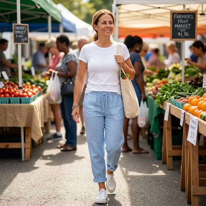 Thalvine | Women's Relaxed Drawstring Summer Pants - Light Blue - Image 3