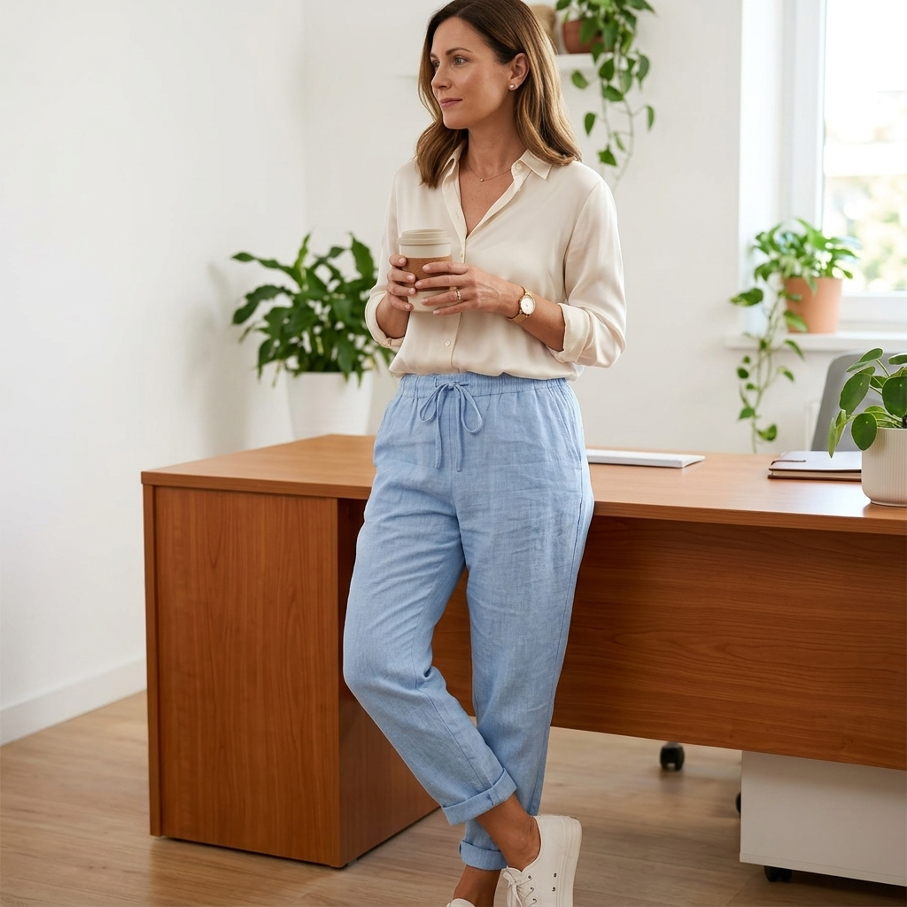 Thalvine | Women's Relaxed Drawstring Summer Pants - Light Blue - Image 4