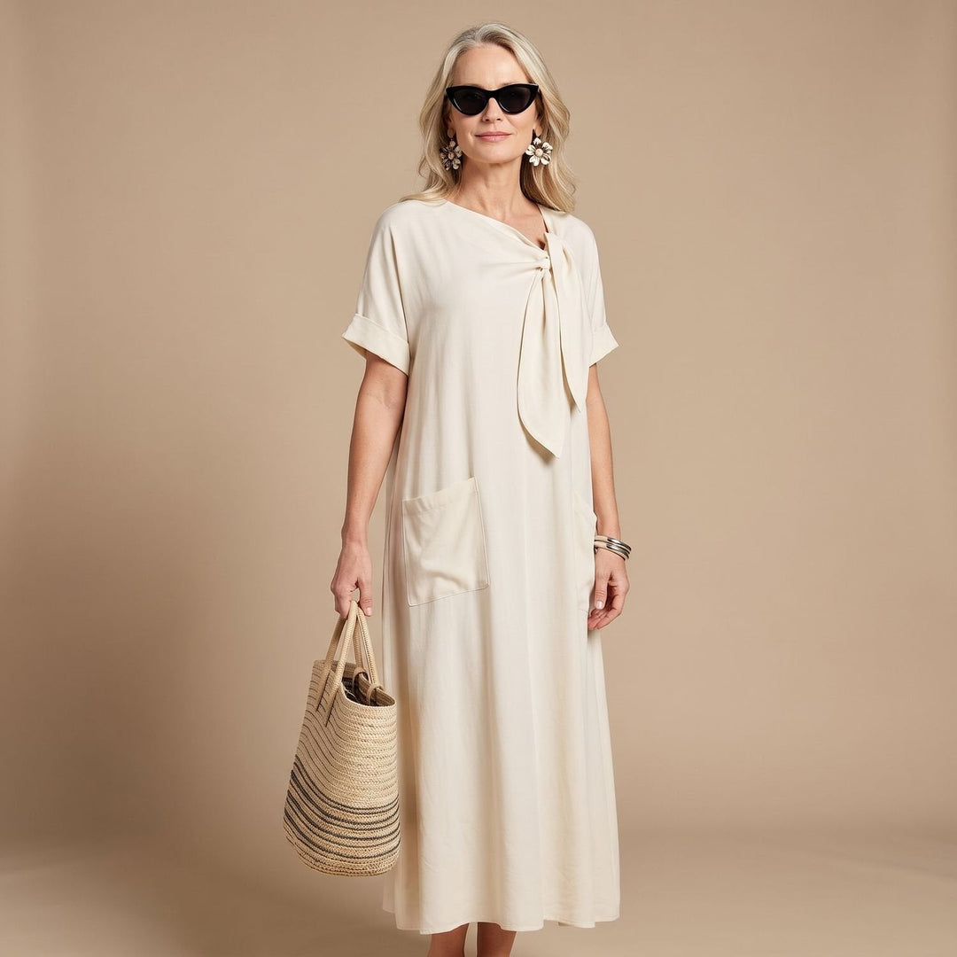 Thalvorne | Women's Summer Maxi Dress Tie Neck - Cream - Image 1