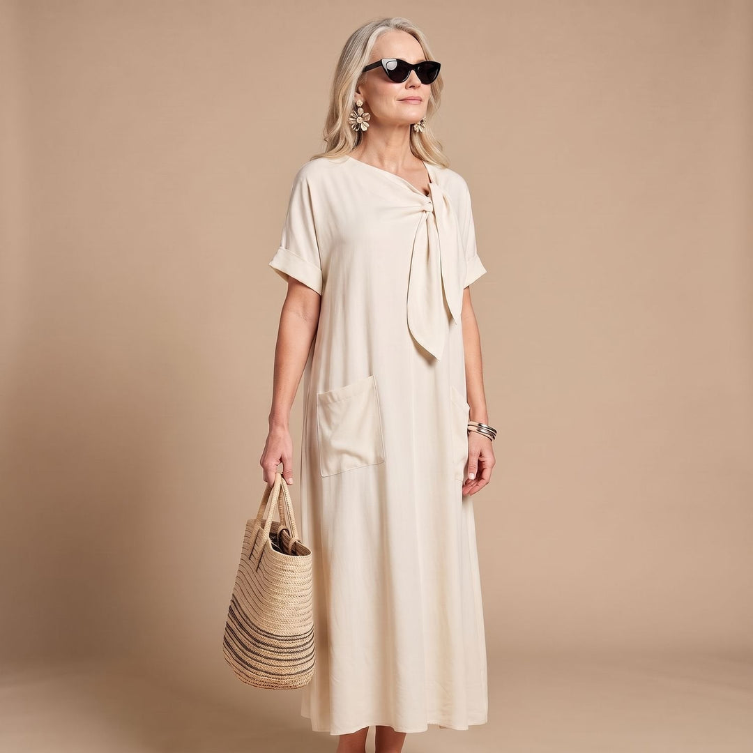 Thalvorne | Women's Summer Maxi Dress Tie Neck - Cream - Image 3